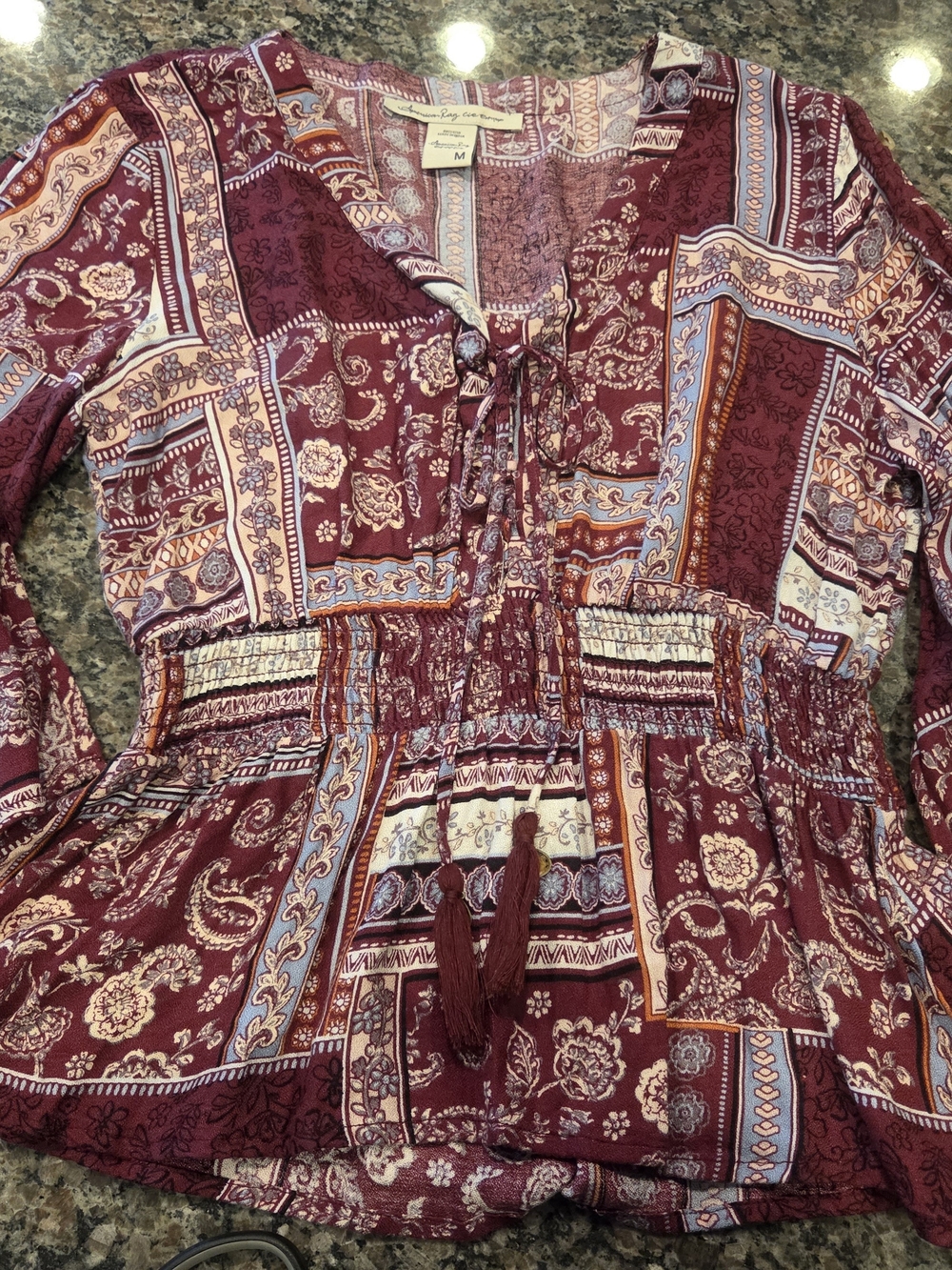 American Rag Burgundy Patchwork Tie-Front Peasant Top